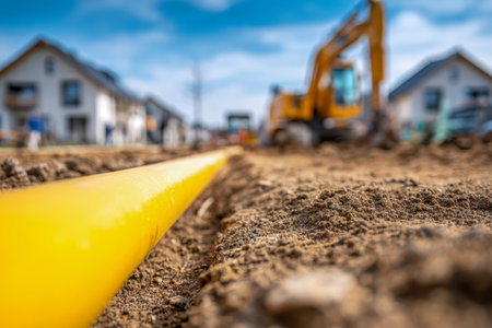 A striking yellow pipeline stretches across a sunny neighborhood, with construction equipment and cozy homes softly blurred in the background.の写真素材