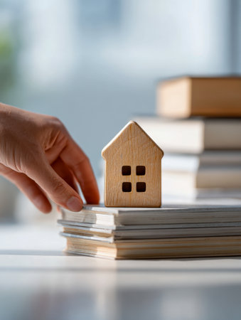 A gentle hand positions a miniature wooden home atop a tower of books, evoking themes of learning, growth, and fundamental property expertise in warm, subdued lightの写真素材