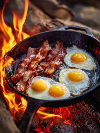 A cozy campfire scene featuring a well-seasoned cast iron skillet cooking hearty bacon strips and bright eggs, capturing rustic outdoor dining in natural surroundingsの写真素材