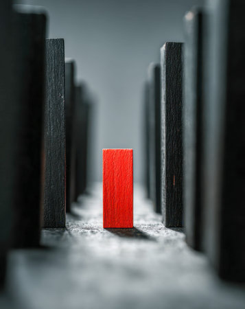 A vivid crimson wooden piece sharply contrasts with uniform black shapes, emphasizing individuality...
