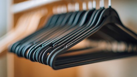 Sleek black hangers arranged methodically on a metal bar, set against a soft, out-of-focus backdrop ideal for showcasing closet or retail display ideas.の写真素材