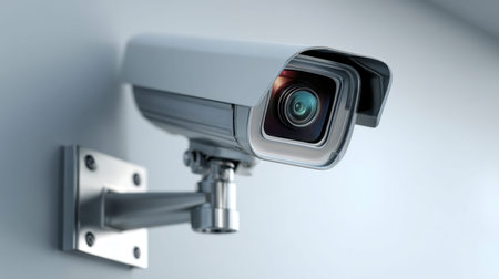A sleek, contemporary surveillance device affixed to a wall using a sturdy metallic mount, equipped...