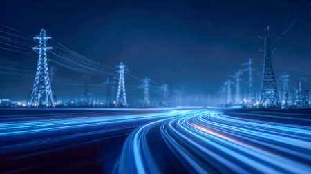 Dynamic blue streaks arc across a darkened sky, illustrating rapid data flow or energy spread...