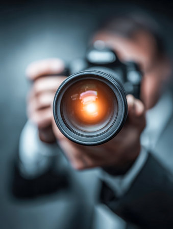 A photographer carefully targets a colorful light display with a high-end camera, demonstrating focus and creativity in a professional studio environment.の写真素材