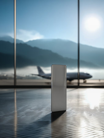 A sleek smartphone rests vertically on a busy luggage conveyor, with a scenic mountain and clear blue sky backdrop hinting at travel adventures ahead.の写真素材