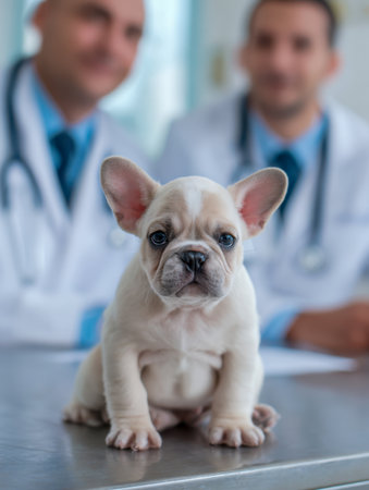 A charming French bulldog pup rests on a clinical table, surrounded by attentive veterinarians ensuring its health with gentle care.の写真素材