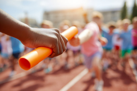 A young runner's hand extends to pass a vibrant orange baton amid a sunlit outdoor track, with energetic peers blurred in motion behind on a bright day.の写真素材
