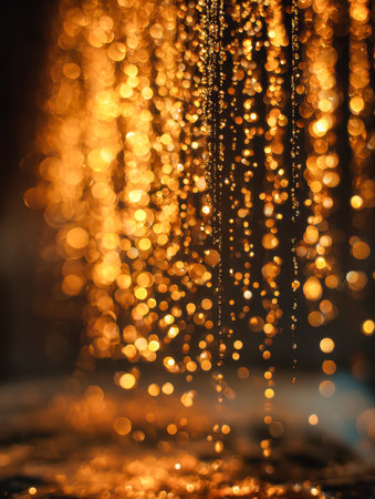 Vibrant golden droplets descendfully grace under soft, warm illumination, casting enchanting reflections and transforming the scene into a captivating, dreamy glow.の写真素材