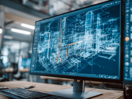 A sleek computer monitor showcases complex 3d building models and blueprints, embodying innovative design workflows in a contemporary professional workspace.の写真素材