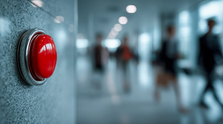 A vivid crimson button fixed to a wall in a busy corridor, with motion-blurred individuals passing by, emphasizing quick response and safety alert protocols.の写真素材