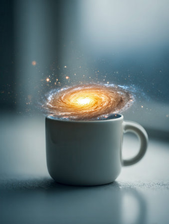 A pristine white ceramic mug reveals a mesmerizing, luminous galaxy swirl that rises from its...