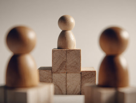 Wooden human shapes positioned on tiered blocks depicting organizational dynamics, highlighting authority, collaboration, and structure within a simple, neutral environの写真素材