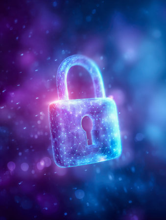 A high-tech blue and purple digital lock crafted from luminous nodes and connecting strands,...