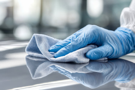 A gloved hand gently polishes a reflective surface using a soft microfiber cloth, set in a luminous setting to achieve a spotless, mirror-like finish.の写真素材