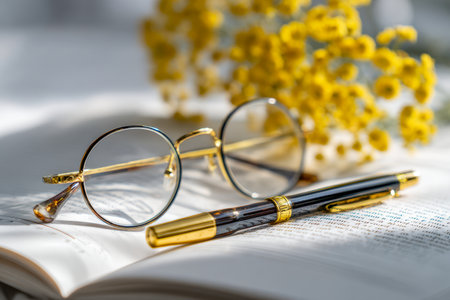 A sophisticated scene featuring retro-inspired eyewear and a refined writing instrument on a book, with cheerful yellow blossoms softly diffusing in the distance.の写真素材