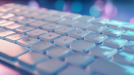 A sleek keyboard emits a gentle glow amidst vibrant ambient hues, with a blurred background emphasizing a modern, high-tech environment perfect for creative digitalの写真素材