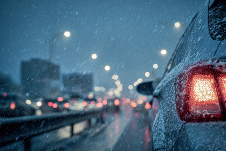 A vibrant red tail light pierces the damp dusk, casting a warm hue amid falling snow and slick roads, as urban traffic blurs into a mysterious winter tableau.の写真素材