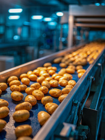 Brightly lit factory scene showing a stream of recently gathered potatoes gliding along a conveyor, ready for sorting and packaging in a high-tech food plant.の写真素材