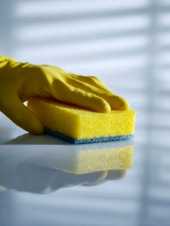 A hand in a vibrant yellow glove expertly cleans a mirror or glass surface, illuminated by gentle...