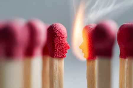 A stylized illustration of two face-shaped matchsticks, one lighting the other, capturing the...