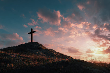 A lone wooden cross gazes over gentle green meadows, bathed in the warm glow of dusk, as pastel...