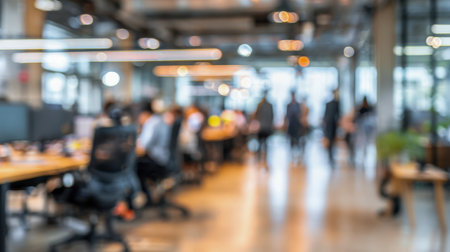 A lively, well-lit workspace where diverse teams exchange ideas and collaborate seamlessly in a contemporary, spacious office setting.の写真素材