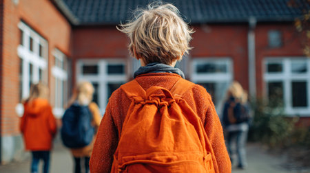 A cheerful young student with light hair strides toward the school entrance, surrounded by classmates eager to start their day on a sunny morning.の写真素材
