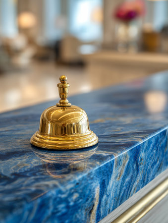 A glaming brass bell rests atop a smooth, reflective blue marble surface, illuminated by soft warm lighting, with inviting hospitality details softly blurred in theの写真素材