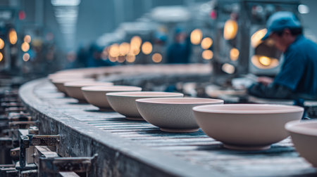 Industrious craftsmen meticulously examine handcrafted ceramic bowls as they glide along a mechanized conveyor, illuminated by bright overhead illumination within aの写真素材