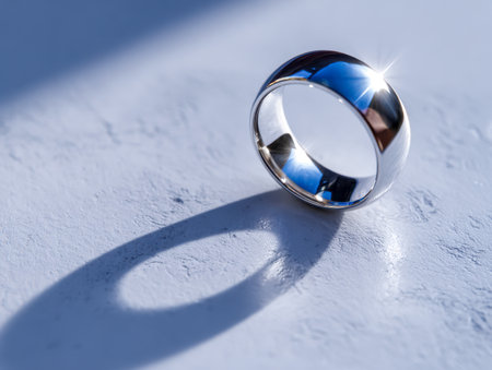 A gleaming silver loop catches bright sunlight, creating a sharp shadow on a textured white background, evoking clarity and modern elegance in natural light.の写真素材