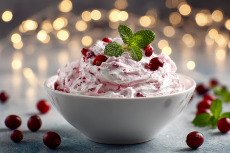 A luscious, fluffy treat crowned with vibrant berries and fresh mint, nestled in a sleek white bowl, set against a backdrop of sparkling holiday glow.の写真素材