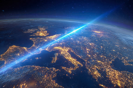 A vibrant azure ray streaks across Europe's?? cities, evoking a high-tech universe and energizing the celestial scene with a visionary cosmic vibe.の写真素材