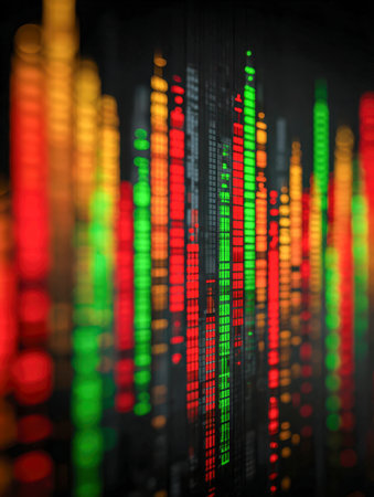 A striking array of neon hues flicker in a dark setting, illustrating dynamic audio patterns and energetic rhythms through sleek digital visualizations.の写真素材