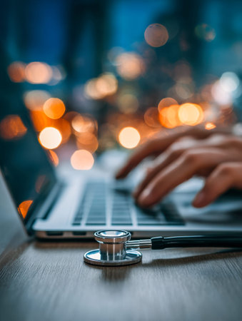 A healthcare expert reviews digital records at dusk, surrounded by soft, glowing lights that blend...