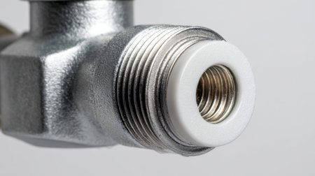 A close-up of a precision-machined metal pipe fitting featuring finely threaded contours and a...