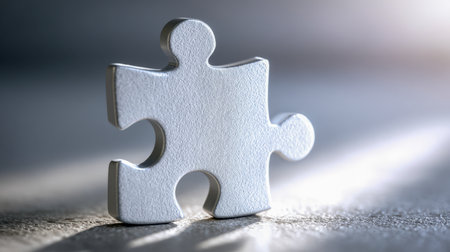 A solitary white puzzle piece stands upright on a rough surface, bathed in gentle light, embodied clarity, discovery, and the pursuit of the ideal solution amid comの写真素材