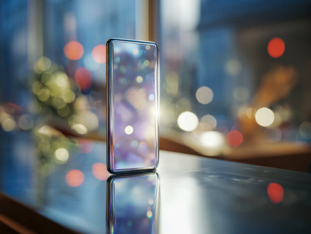 A contemporary stylish phone with a luminous display rests on a glossy surface amid gentle city illumination, surrounded by colorful, blurred light accents.の写真素材