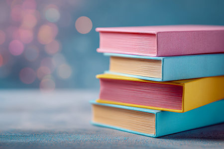 Vibrant hardcover volumes arranged in a neat pile rest on a gentle fabric, their hues blending...