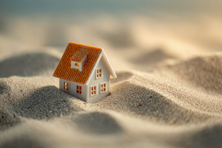 A miniature house with a vibrant orange roof is gently nestled in fine sand, evoking themes of coastal resilience or the delicate balance of waterfront property.の写真素材