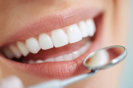 A cheerful individual displays bright, immaculate teeth during a dental examination, as a practitioner gently inspects their oral cavity with a mirror.の写真素材