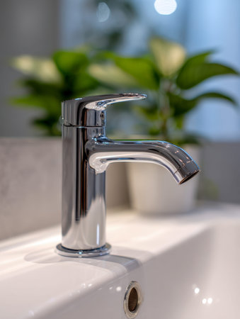 A sleek, reflective chrome fixture graces a pristine white ceramic basin, framed by lush potted...