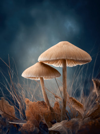 A pair of slender, light brown fungi emerge through fallen leaves and grass, their fragile forms contrasting with a deep blue, moody forest backdrop.の写真素材