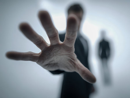 A solitary figure extends their arm aggressively into the scene, blurred surroundings enhance a sense of tension, while a shadowed silhouette hints at imminent dangeの写真素材