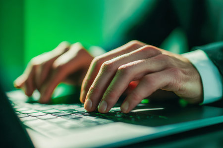 Focused hands swiftly navigate a laptop in a sleek office space, illuminated by sharp lighting against a lively green backdrop, embodying productivity and professionの写真素材