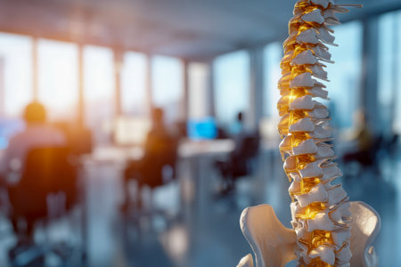 A detailed anatomical spine model focuses attention on vertebral structures, set against a professional workspace with out-of-focus staff engaged in tasks.の写真素材