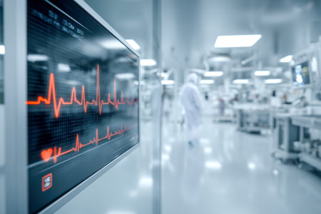 A sleek medical device tracks critical health data amid a sterile, advanced environment, with clinicians in protective gear tending to patient care.の写真素材