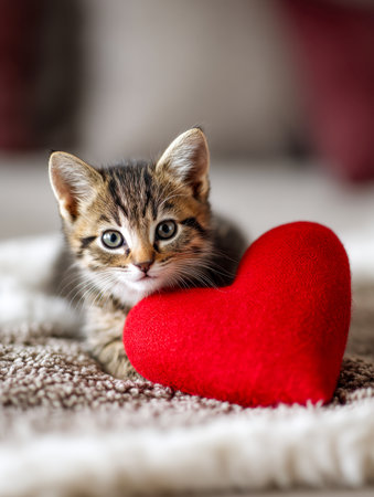 A sweet tabby kitten snoozes peacefully next to a plush, crimson heart pillow, nestled on a warm, textured blanket in a cozy, inviting indoor ambiance.の写真素材