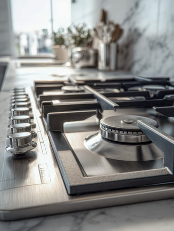A stylish kitchen setup featuring a contemporary gas stove with polished steel burners and...