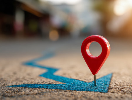 A vivid red marker highlights an exact point along a swirling blue route painted on city streets, emphasizing navigation and targeted wayfinding amidst urban sceneryの写真素材
