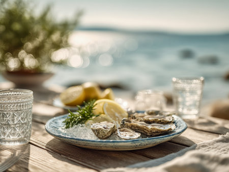 Juicy oysters nestled on crushed ice with vibrant lemon slices and fresh herbs, set against a weathered wood surface with a bright ocean backdrop.の写真素材